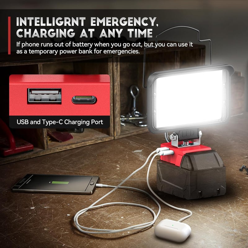 Ecarke LED Work Light Compatible with Milwaukee18V Battery, 128W Cordless Work Lights 12800LM of Flashlight Battery Light with Low Voltage Protection & Type-C & USB-A Charger Port - Image 4